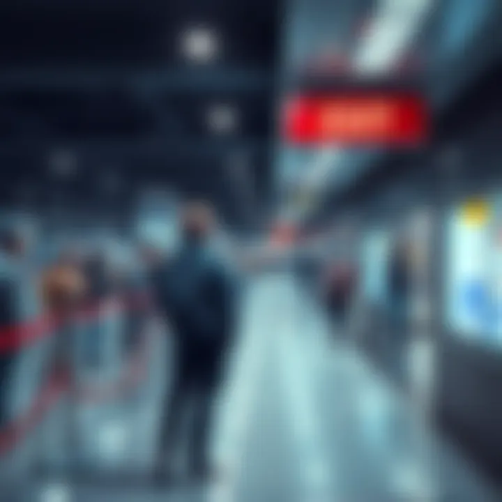 A person stands frustrated while checking a long deposit queue, considering their options to exit it.