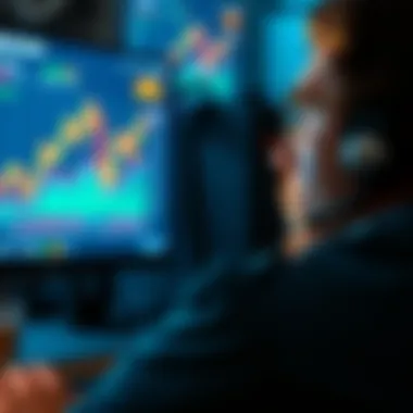 A person stares intently at a computer screen showing a Dogecoin price chart, showing a mix of excitement and concern.