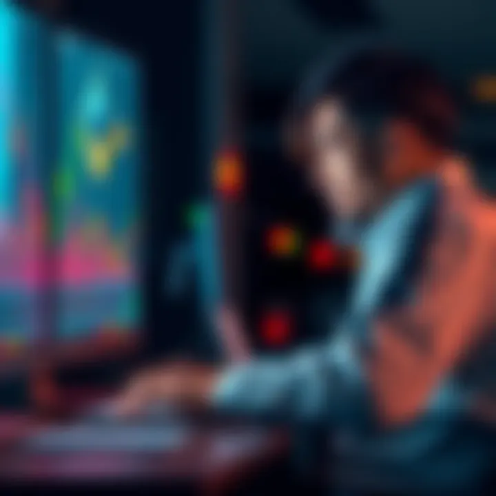 Individual analyzing Ethereum price trends while seated at a desk, with a focused expression