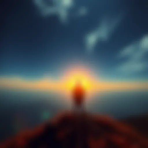 Person looking towards the horizon A person stands on a hilltop gazing at a bright sunrise, symbolizing hope and new possibilities.