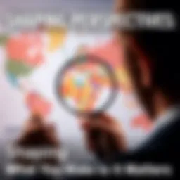 A person examining a colorful world map with a magnifying glass, highlighting the concept of perspective and personal interpretation.