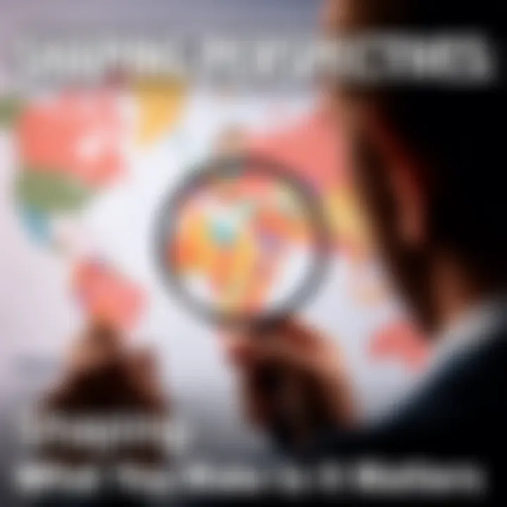 A person examining a colorful world map with a magnifying glass, highlighting the concept of perspective and personal interpretation.