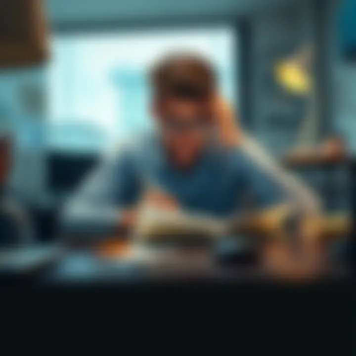 A person sitting at a desk, looking at bills and writing in a notebook while feeling stressed about their finances.