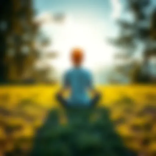 A person sitting cross-legged on a grassy field, reflecting on acceptance and life, surrounded by nature.