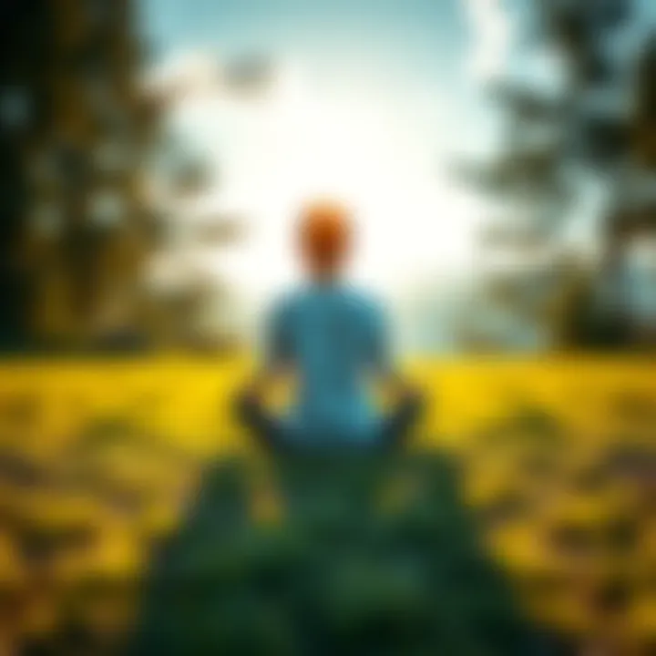 A person sitting cross-legged on a grassy field, reflecting on acceptance and life, surrounded by nature.