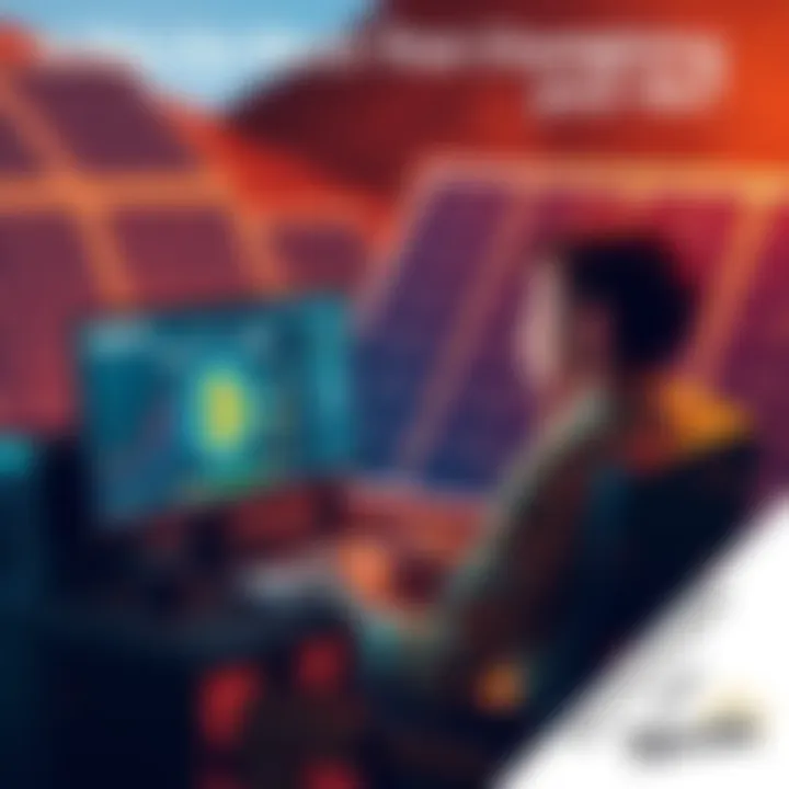 A person sitting at a computer, looking at Bitcoin mining software and a solar panel in the background, reflecting on their earnings.