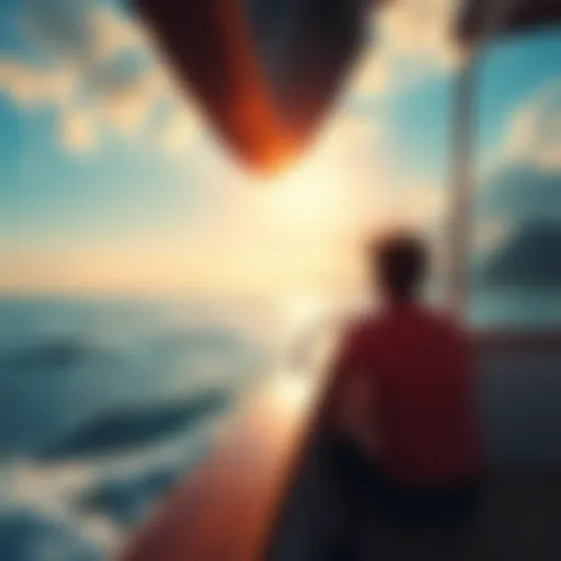 A person wakes up on a boat, gazing at the water while imagining Kaspa at $22.