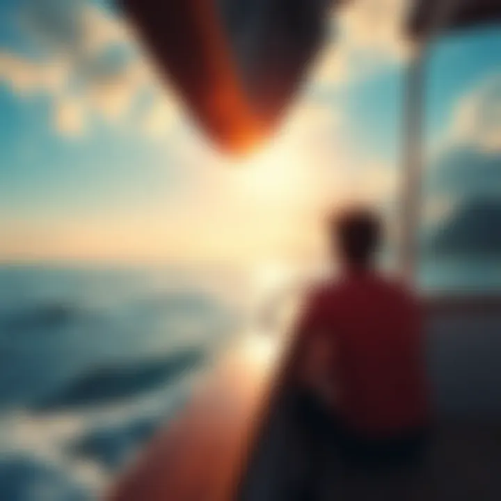 A person wakes up on a boat, gazing at the water while imagining Kaspa at $22.