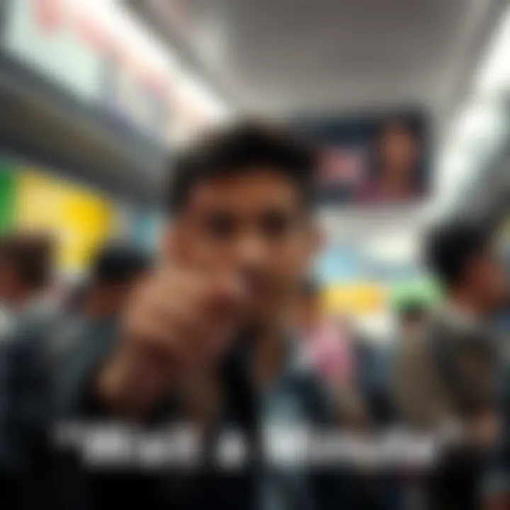 A person holding their finger up, signifying a pause in conversation, with a thoughtful expression on their face, in a busy setting.
