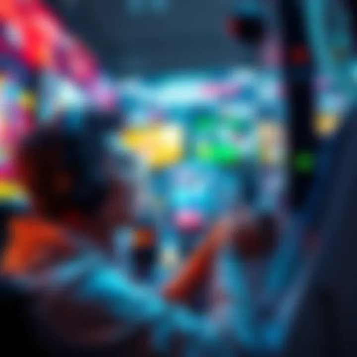A person focused on playing a video game, surrounded by colorful graphics and screens that blend reality and game elements