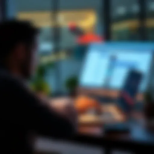 A person sitting at a desk, typing on a laptop with a forum page open, looking engaged and focused.