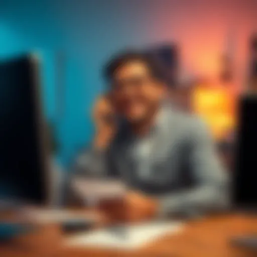 A person on a phone call laughing while pretending to be a victim of a crypto scam, with a computer and notes visible in the background.