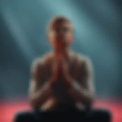 A person sitting with hands clasped in prayer, looking peaceful and contemplative