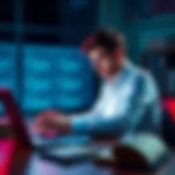 Person reading online content A person sitting at a desk reading information from a laptop with books nearby