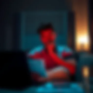 Individual sitting in a dimly lit room, looking concerned while reviewing financial papers. A laptop is open with graphs showing declines.