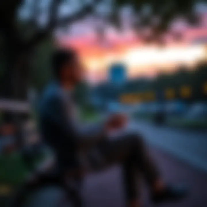 Individual sitting on a park bench, looking thoughtful with hands clasped, symbolizing contemplation after crypto losses.