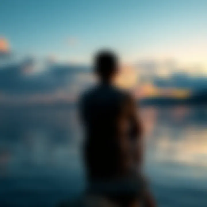 A person sitting by a calm lake, lost in thought, reflecting on deep emotions and memories, with gentle waves in the background.