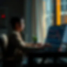 A person sitting at a desk, looking thoughtfully at a laptop displaying stock market charts and cryptocurrency graphs, symbolizing a reality check on investments.