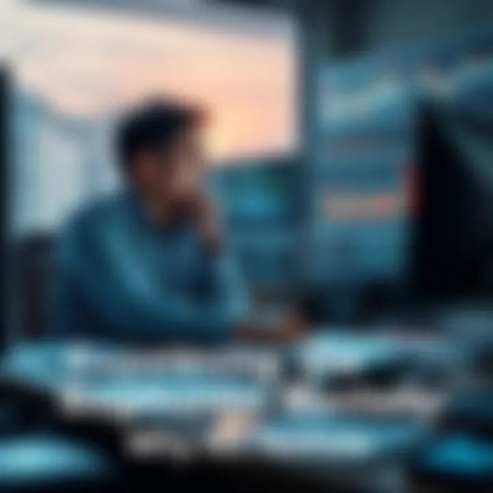 Individual sitting at a desk, looking thoughtfully at financial charts and graphs, symbolizing the struggle of holding onto losing investments