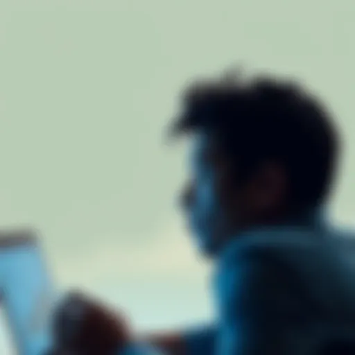 Person Reflecting on Journey A person looking thoughtfully at a laptop, symbolizing their journey from skepticism to entrepreneurship, with a financial app displayed on the screen.
