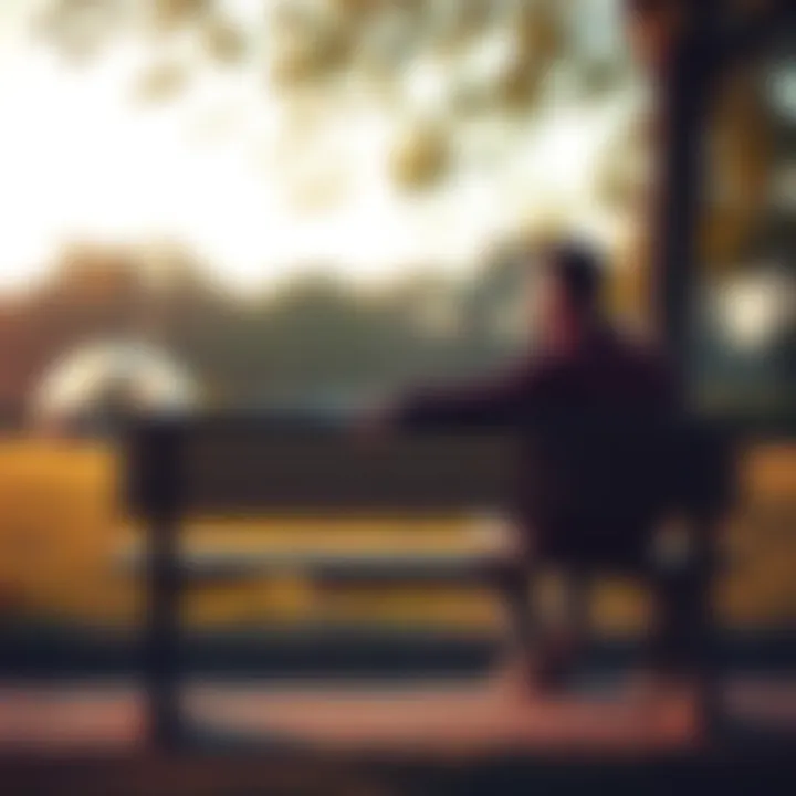 A person sitting alone on a park bench, looking thoughtful as they ponder life’s challenges, with trees and a clear sky in the background.