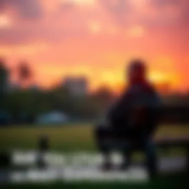 A person sitting on a park bench, deep in thought, looking at the sunset. They seem to ponder their life's experiences and choices.