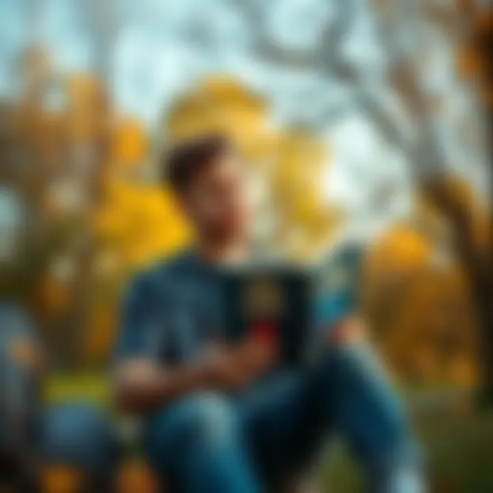 A person sitting in a park, looking thoughtfully at a book titled 'Get a Life', surrounded by nature, indicating a moment of self-reflection.