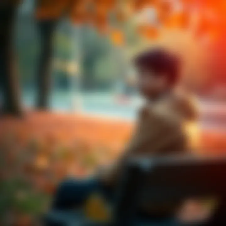 A person sitting on a park bench, looking contemplative with a slight frown, surrounded by autumn leaves.