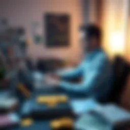 A person sits at a desk with a laptop open, looking at Bitcoin data and charts, surrounded by notes and books on cryptocurrency.