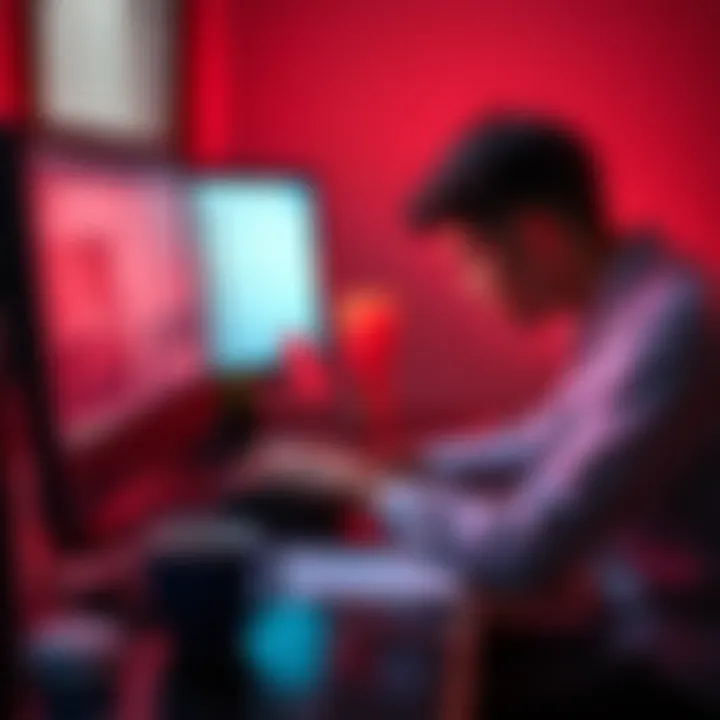 A person sitting at a desk, thoughtfully typing a response to negative comments on a computer, surrounded by notes and a cup of coffee