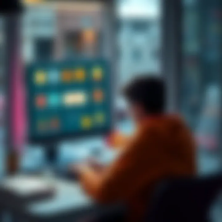 A person sitting at a desk, looking at a computer screen displaying badges and parcels, pondering their strategy.