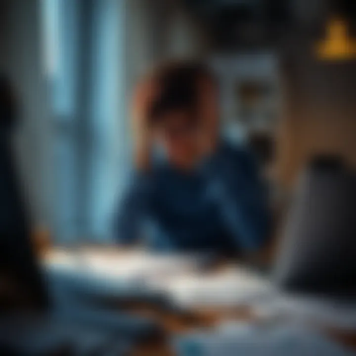 A person sits at a table, head in hands, surrounded by financial documents and a laptop. They appear distressed, reflecting on their losses from cryptocurrency trading.