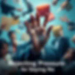 Person saying no A person confidently holding up a hand to indicate 'no' while surrounded by various requests and distractions.