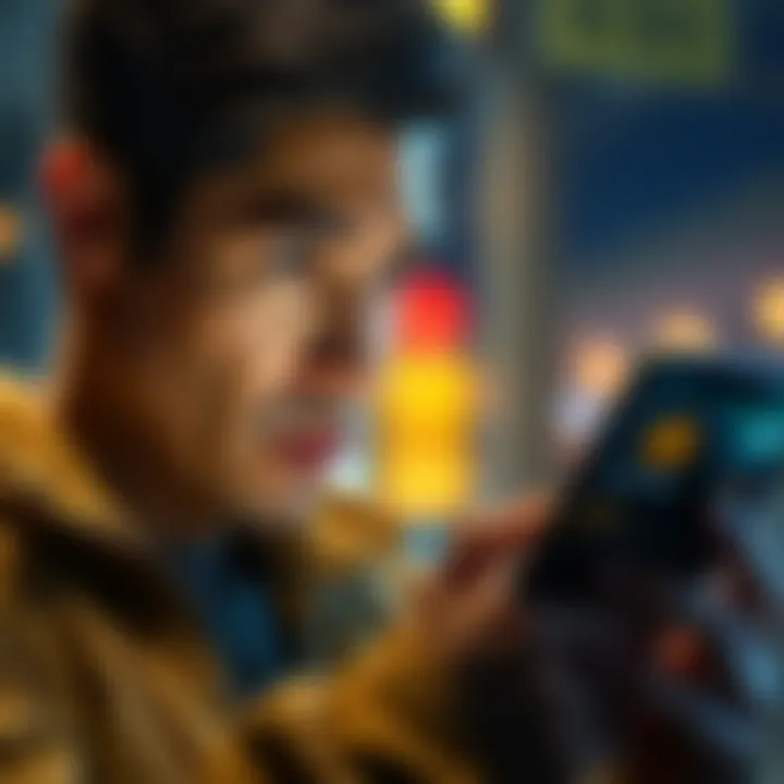 A person using a smartphone to send Bitcoin, looking a bit anxious but focused, with a change wallet interface displayed on the screen.