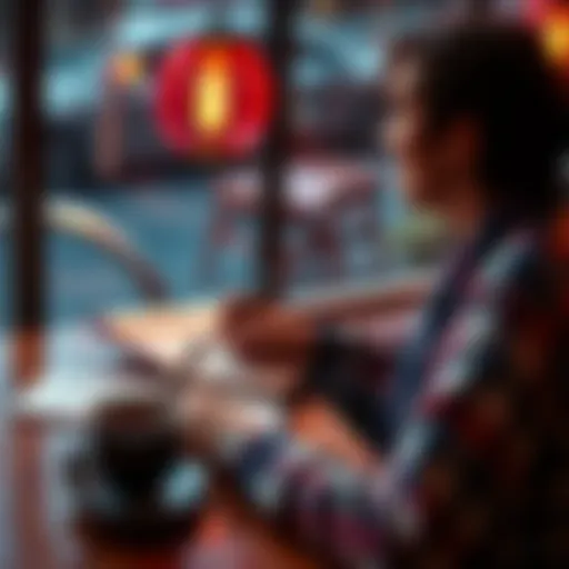 A person sitting at a table with a notebook and coffee, thoughtfully writing down their thoughts, inviting engagement from others.