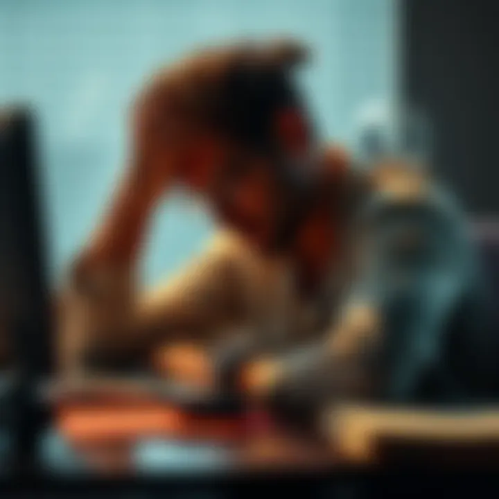 A person sitting at a desk, head resting on hand, sighing with frustration and exhaustion