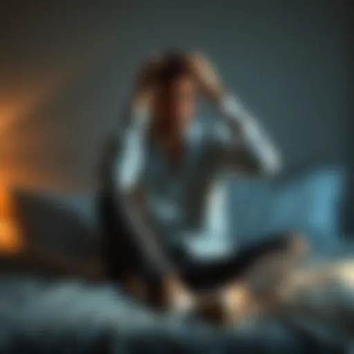 A person sitting on a bed with a concerned expression, holding their head in their hands, reflecting on the challenges of Lamictal side effects like anxiety and insomnia.