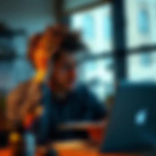 Individual looking concerned with paperwork and a laptop, indicating struggle to meet goals