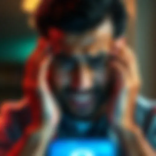 Individual looking frustrated while trying to verify identity on a mobile app with facial recognition feature.