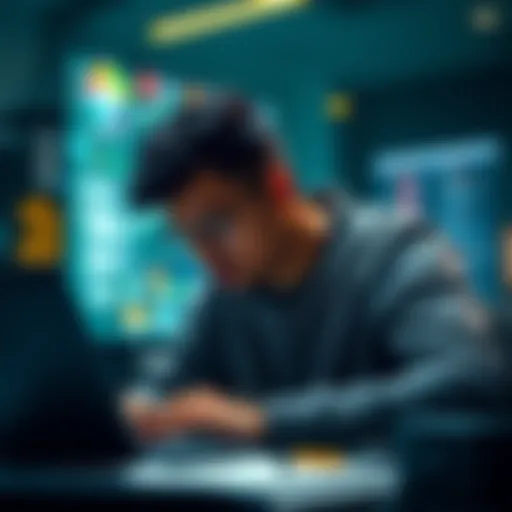 Person studying cryptocurrency Individual focused on learning about cryptocurrency with a laptop and notes