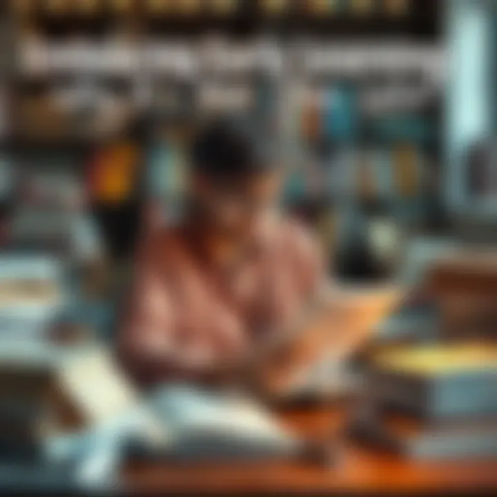 Person studying with books A person reading and taking notes at a desk surrounded by books, symbolizing lifelong learning.