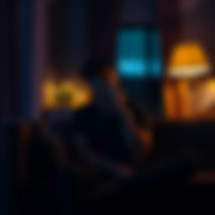 Person Thinking at Night A person sitting on a couch with a thoughtful expression, surrounded by a dimly lit room, reflecting on funny thoughts late at night.