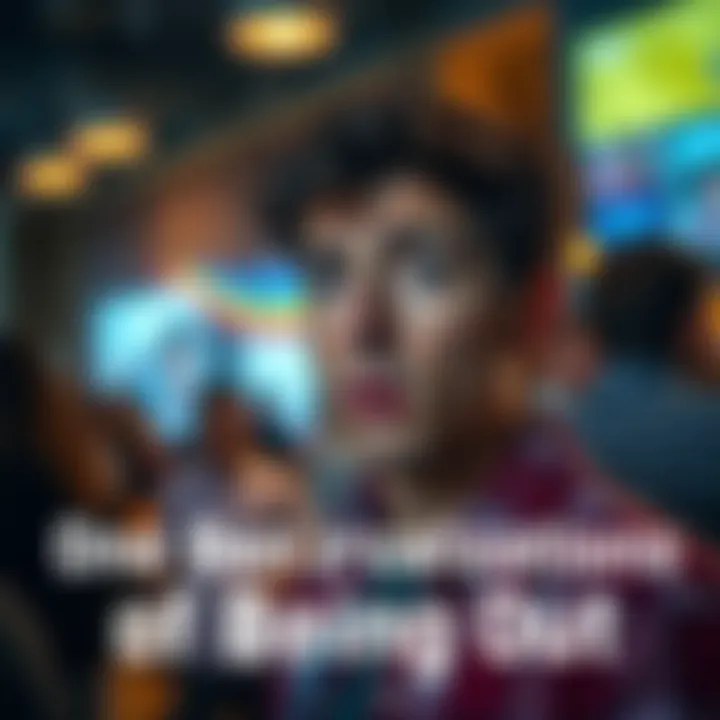 Person expressing uncertainty A person looks thoughtful, with a puzzled expression, as they contemplate the meaning of being 'out' in a social setting.