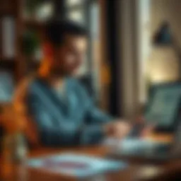 Individual sitting at a desk with a notebook and calculator, marking financial progress after 25 days of no spending.