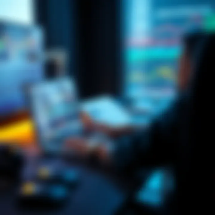 Person Trading Cryptocurrency at a Desk A person focused on a laptop screen displaying cryptocurrency charts and market data