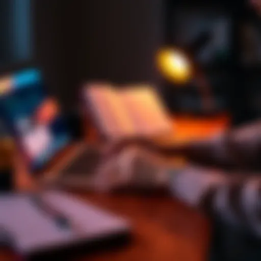 Individual focused on typing content for online posting at a desk with notes and a planner