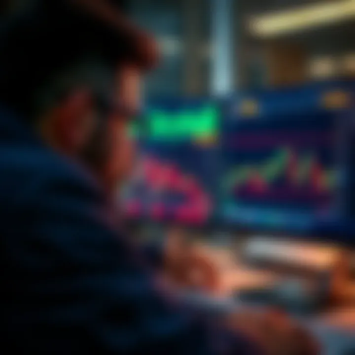 Person using cryptocurrency A person looking at a computer screen with cryptocurrency charts, showing concern for privacy issues in digital transactions.