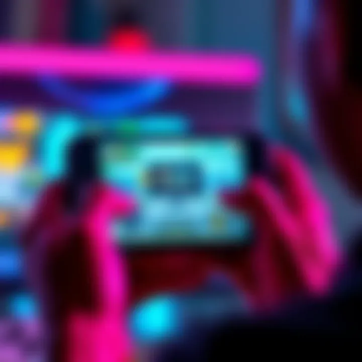 A person focused on a smartphone screen displaying a game interface, showing the use of an emulator