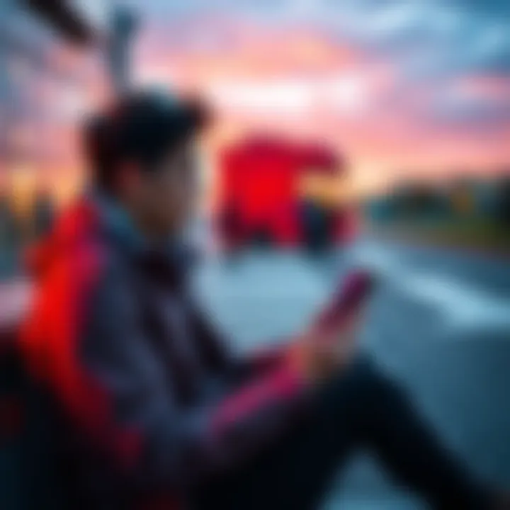 Individual sitting outside using a portable outdoor hotspot device