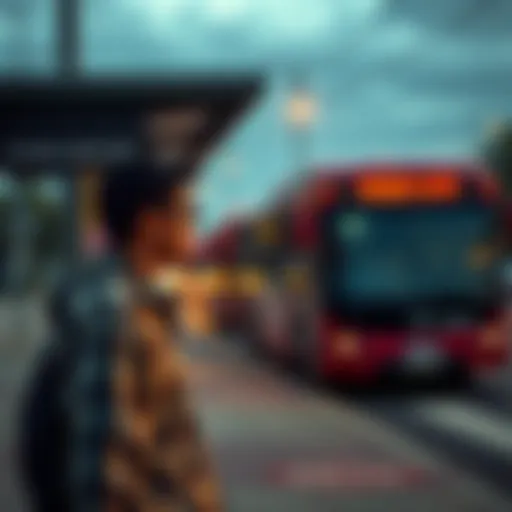 A person stands at a bus stop, looking anxious and reflecting on missed opportunities, with a bus approaching in the background.